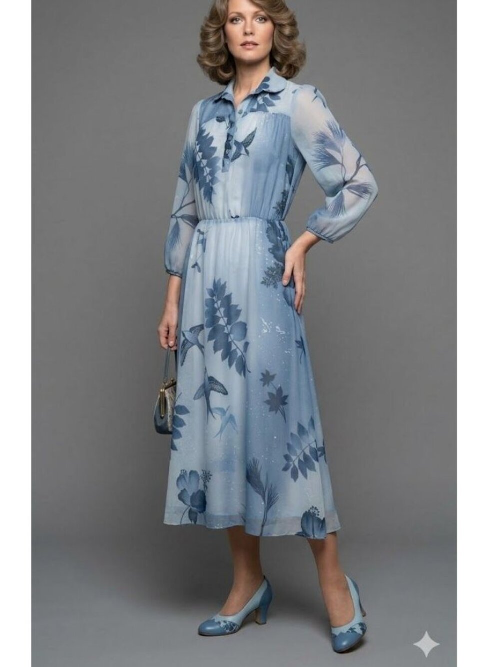 VTG 60's Petites By Penny Young Floral Bird Print Midi Dress Blue Womens Size 10 - Picture 1 of 15